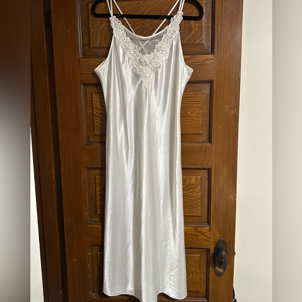Vintage White Satin Slip Chemise with Lace V-Neck